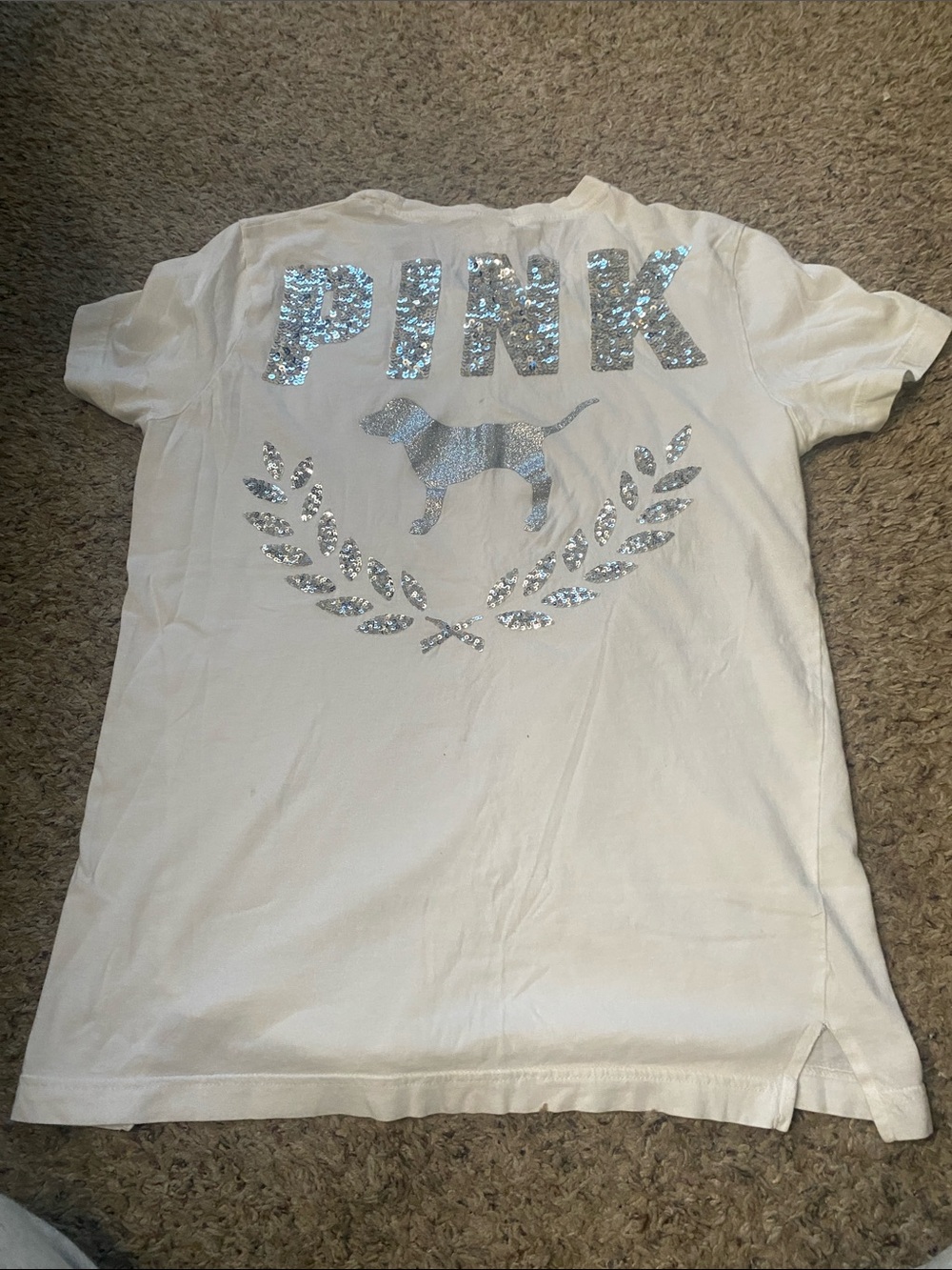 PINK Victoria's Secret White Tee with Silver Sequin Logo and Dog Motif